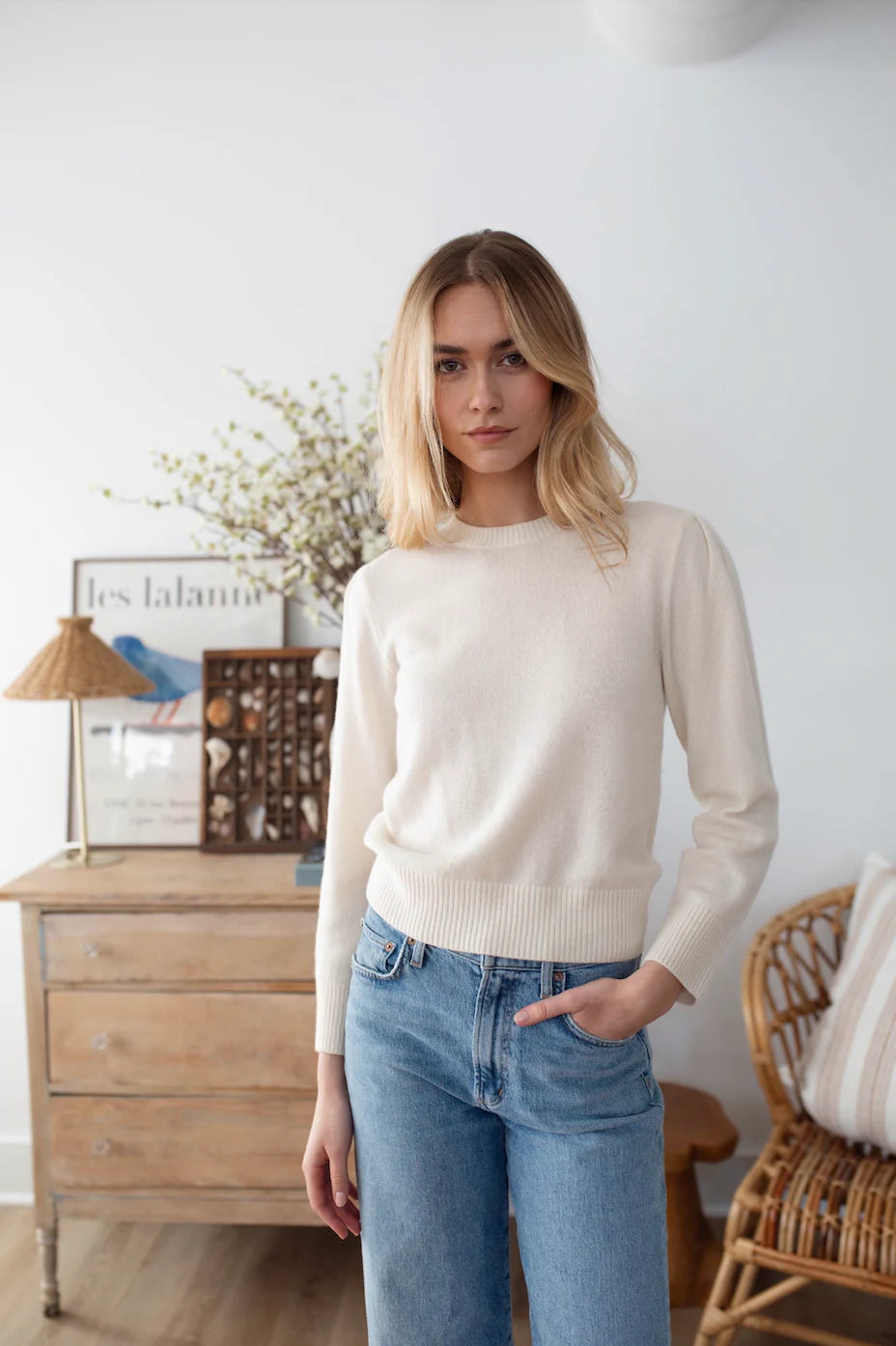 Puff Sleeve Crewneck Sweater - Ivory